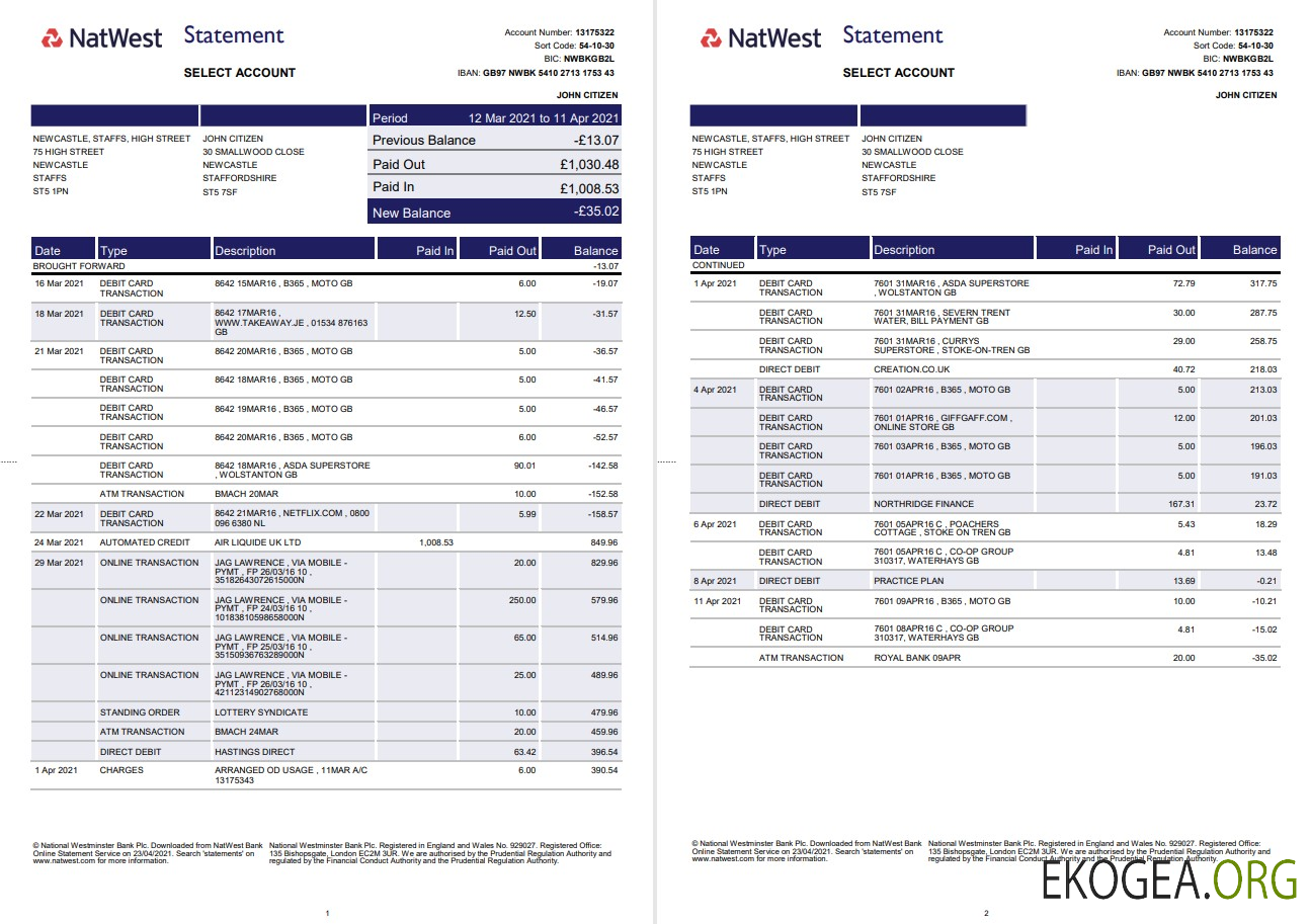 Modèle de relevé bancaire Natwest du Royaume Uni au format Word et PDF (2 pages)